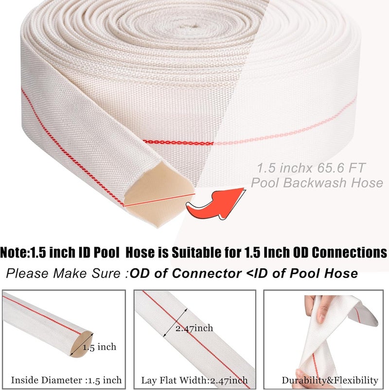 Geowaky Backwash Hose 1-1/2"ID x 65.6ft Swimming Pool Discharge Hose Heavy Duty PVC Water Hose With 2 Clamps General Purpose Lay-Flat Pump Drain Pipe for Water Transfer Applications, White - Image 2